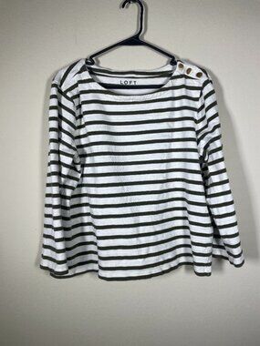 Loft Women's 3/4 Sleeve Cotton Green White Stripe Boat Neck Top L Spring!